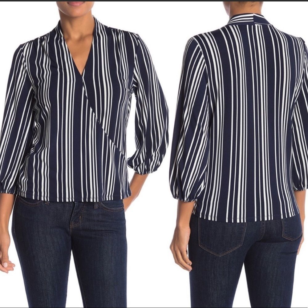 Adrianna Papell Blue/White Striped 3/4 Sleeve Blouse